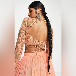 3 piece peach embroidered net Lehenga . (Crop top,skirt,scarf).$260